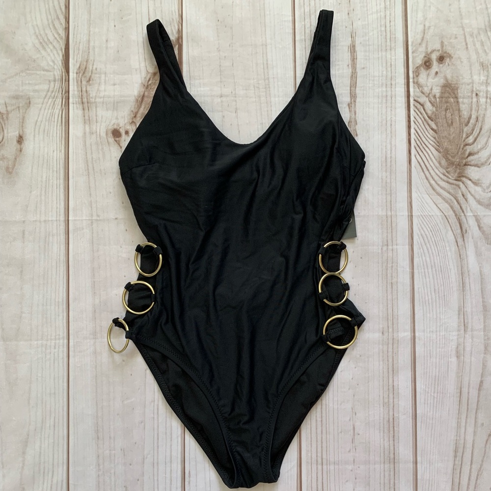 Mossimo One Piece Swimsuit Women's Size L Solid Black Cutout Sides Metal Rings